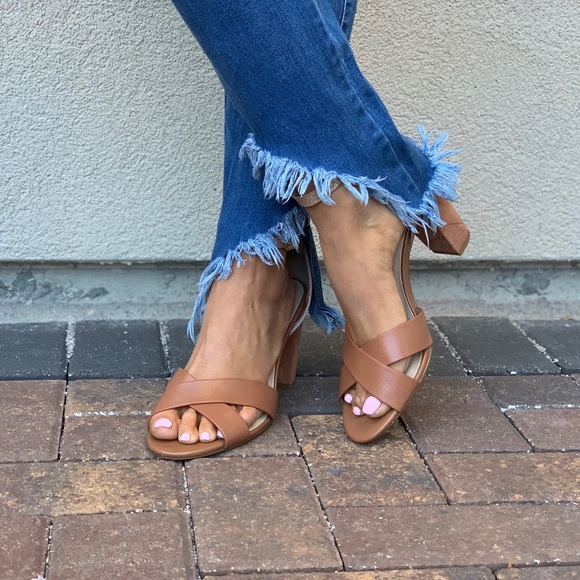 Cognac Ankle Strap Block Heel Leather Sandals - Picture 7 of 8